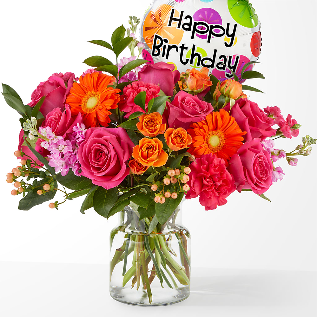 Fiesta Bouquet with Birthday Balloon – The Flower Gallery, Linden NJ