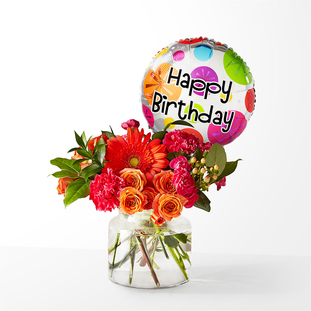 Fiesta Bouquet with Birthday Balloon – The Flower Gallery, Linden NJ