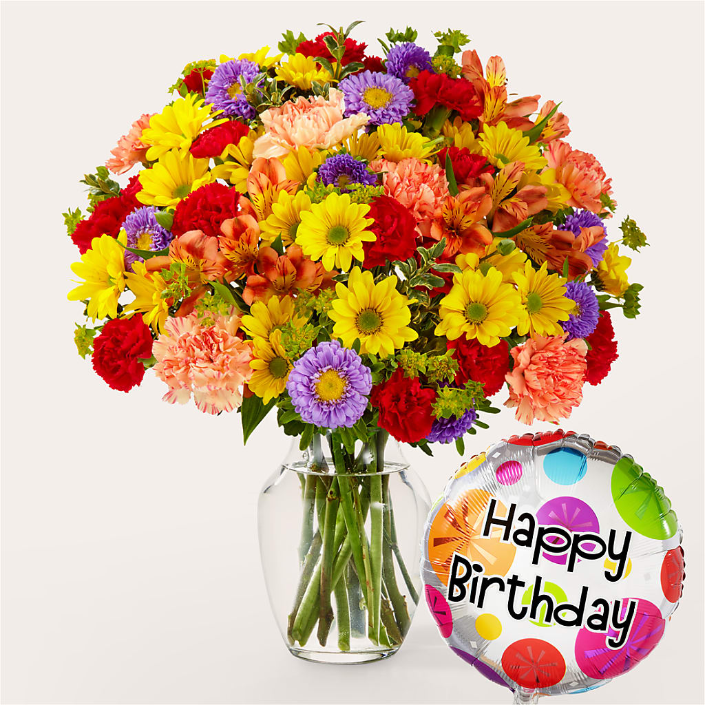 Kaleidoscope Bouquet with Birthday Balloon – The Flower Gallery, Linden NJ
