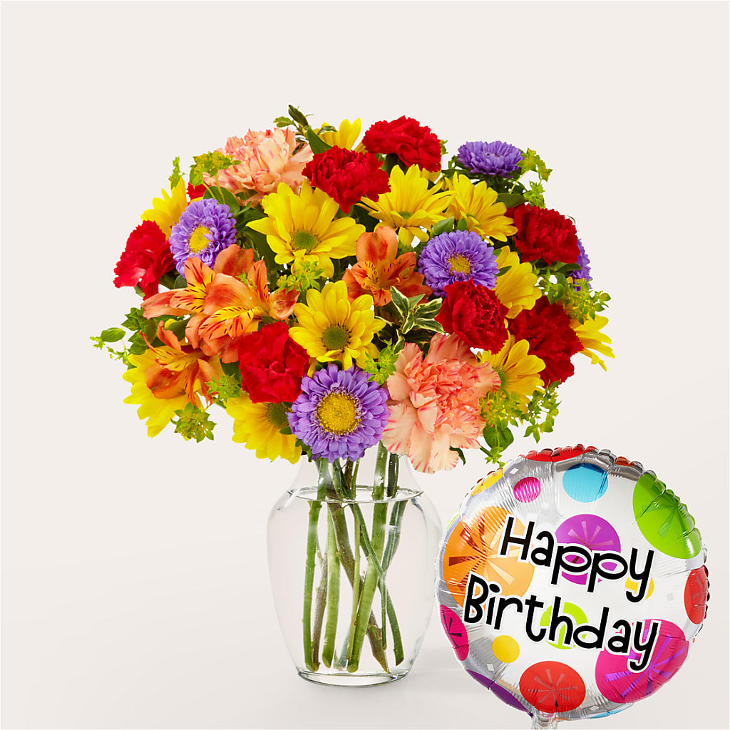 Kaleidoscope Bouquet with Birthday Balloon – The Flower Gallery, Linden NJ