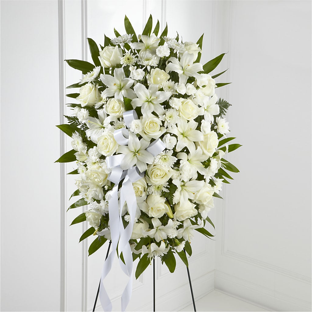 Exquisite Tribute Standing Spray-White Ribbon – The Flower Gallery, Linden NJ