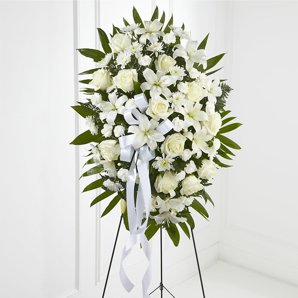 Exquisite Tribute Standing Spray-White Ribbon – The Flower Gallery, Linden NJ